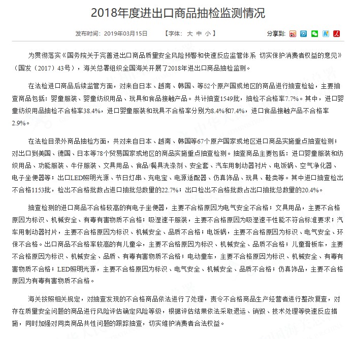 海关总署公开2018年进出口商品抽检情况_跨境电商_电商之家