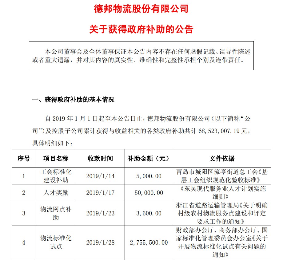 德邦获得6852万元政府补助_物流_电商之家