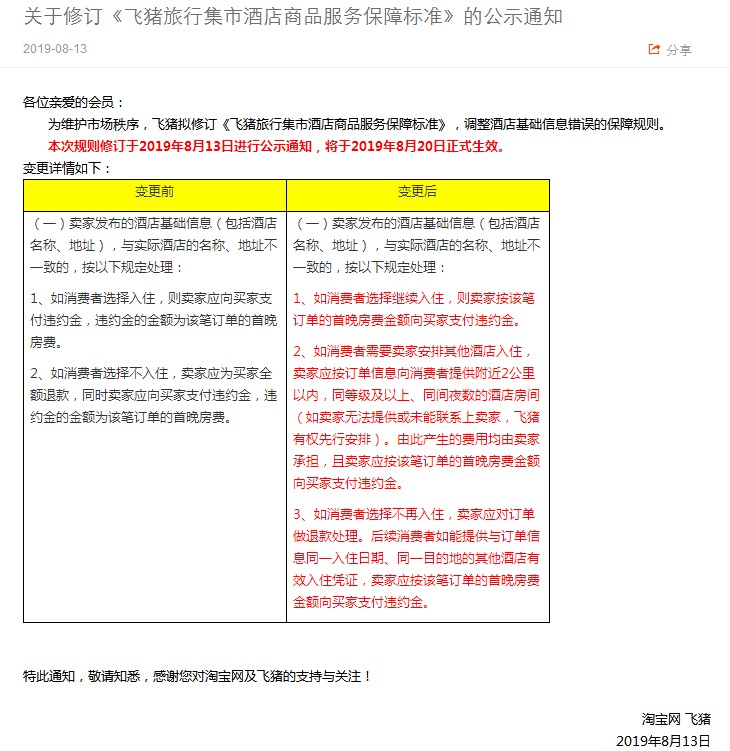飞猪修订酒店商品服务保障标准 8月20日生效_O2O_电商之家