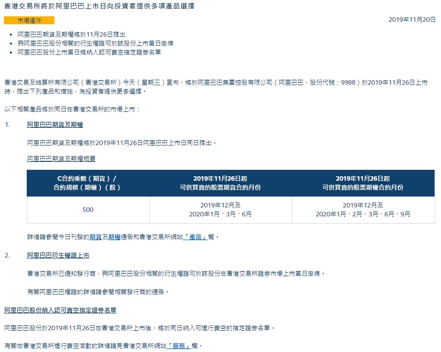 港交所：拟于11月26日推出阿里巴巴公司股票期权_零售_电商之家