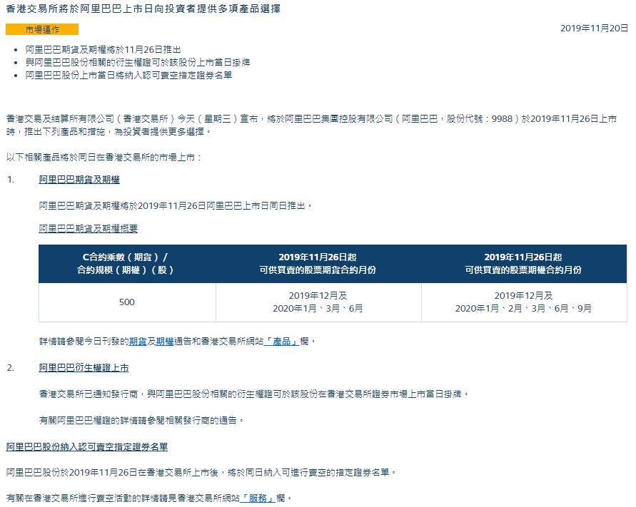港交所：拟于11月26日推出阿里巴巴公司股票期权_零售_电商之家