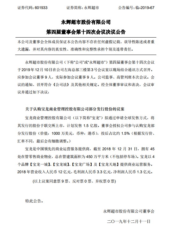 永辉超市将参与认购宝龙商业股份发行 投后占比约1.5％_零售_电商之家