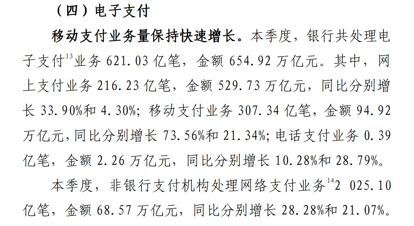 央行：2019年第四季度移动支付业务量同比增长73.56%_金融_电商之家