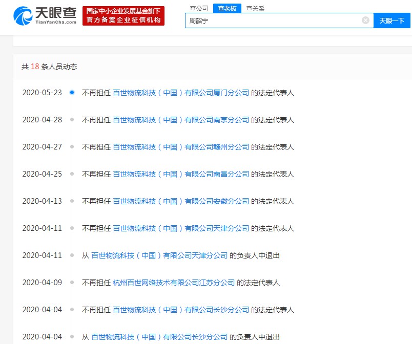 百世周韶宁两个月卸任8家分公司法定代表人_物流_电商之家