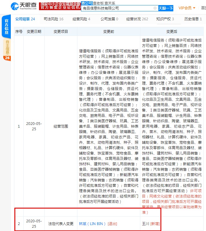 林斌卸任有品信息科技有限公司法定代表人_人物_电商之家