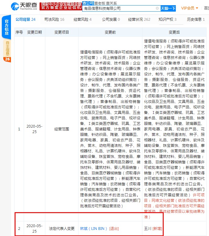 林斌卸任有品信息科技有限公司法定代表人_人物_电商之家