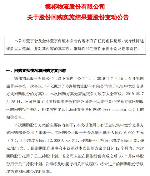 德邦股份：回购计划实施完毕 累计回购股份713.55万股_物流_电商之家