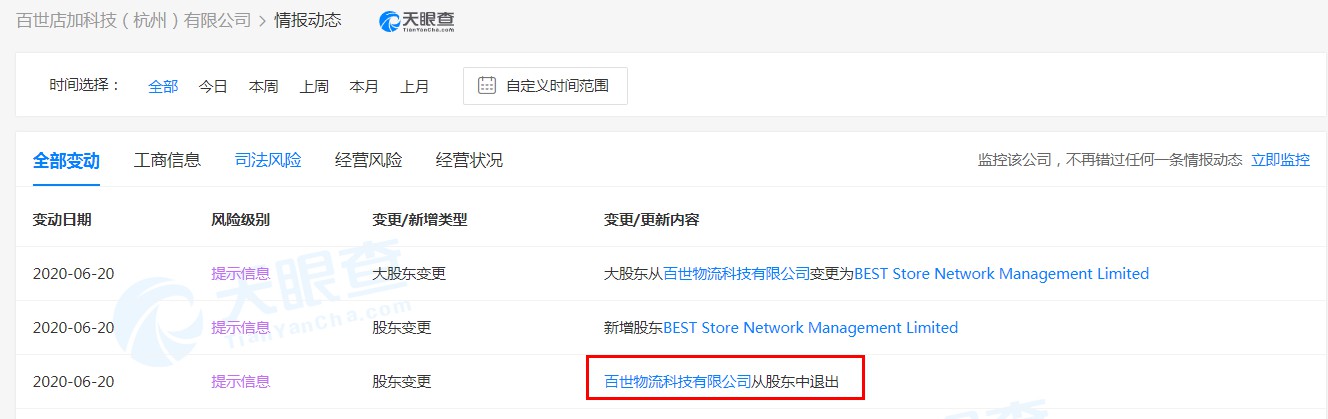 百世店加发生工商变更 百世物流科技有限公司退出股东行列_B2B_电商之家