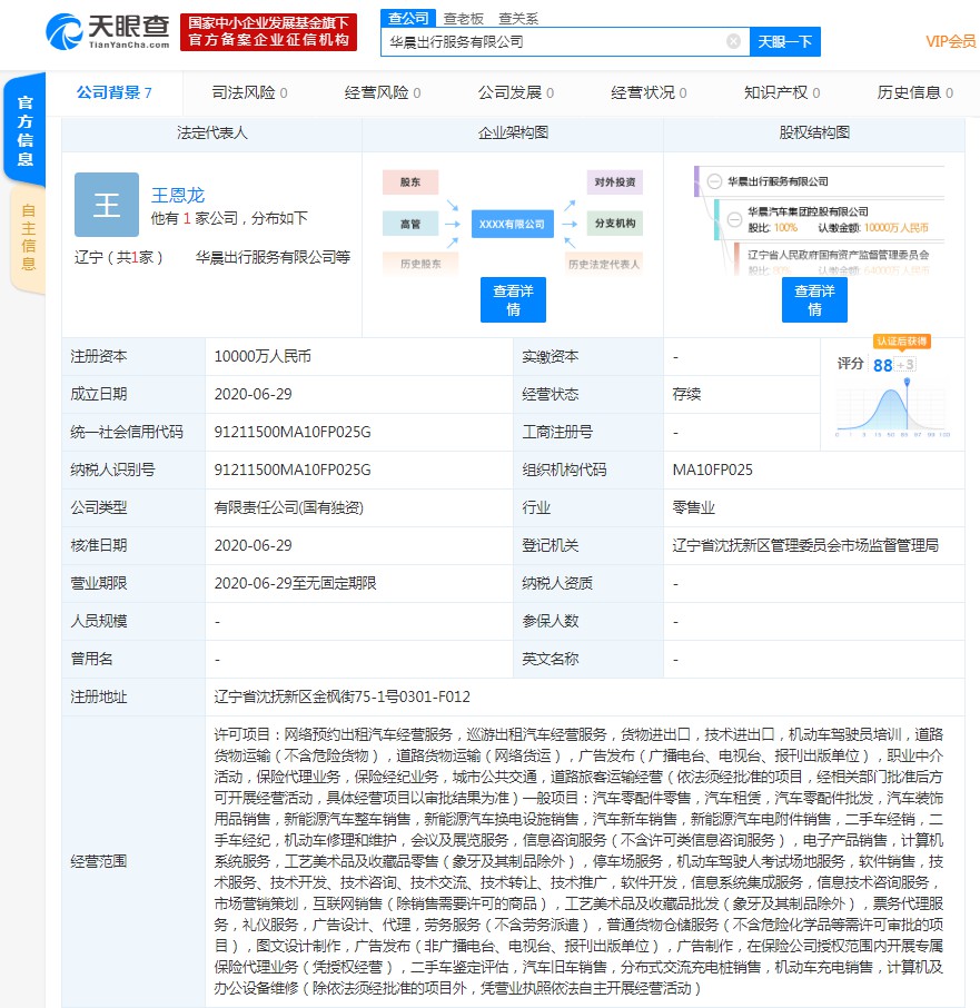 华晨汽车斥资1亿元成立新公司 经营范围含网约车服务等_O2O_电商之家