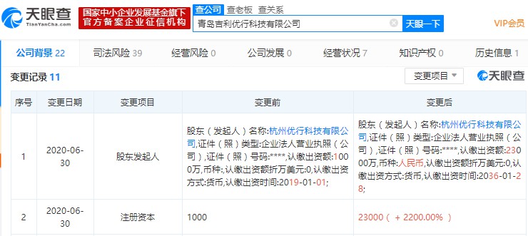 青岛吉利优行科技有限公司注册资本增长2200%_O2O_电商之家