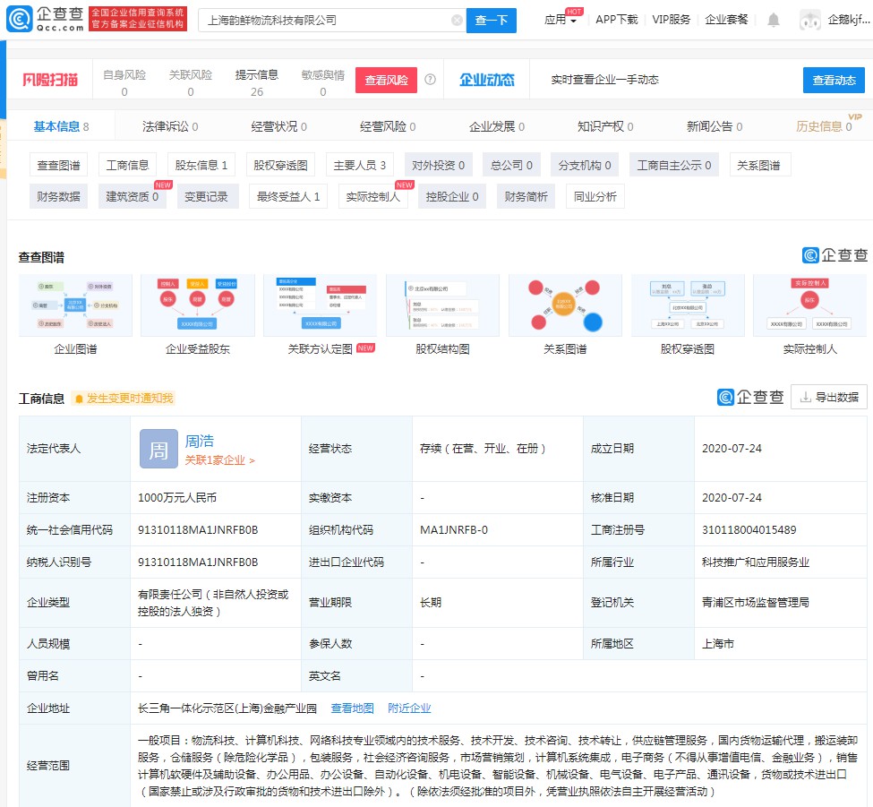 上海韵鲜物流科技有限公司成立 注册资本1000万元_物流_电商之家