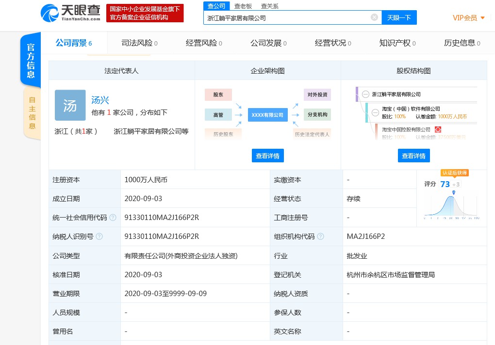 淘宝成立浙江躺平家居有限公司 注册资本1000万元_零售_电商之家