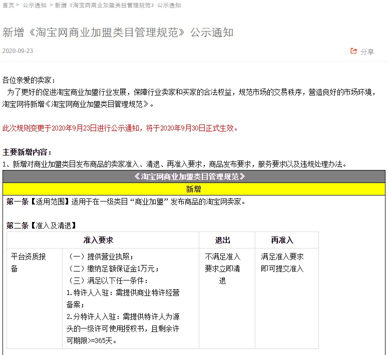 淘宝新增商业加盟类目管理规范 9月30日生效_零售_电商之家