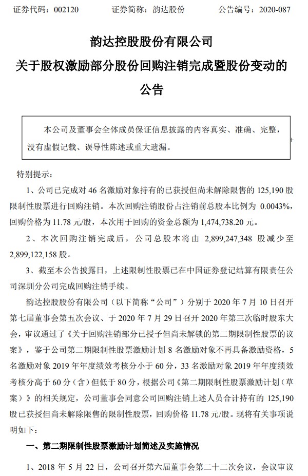 韵达股份：股权激励部分股份回购注销完成_物流_电商之家