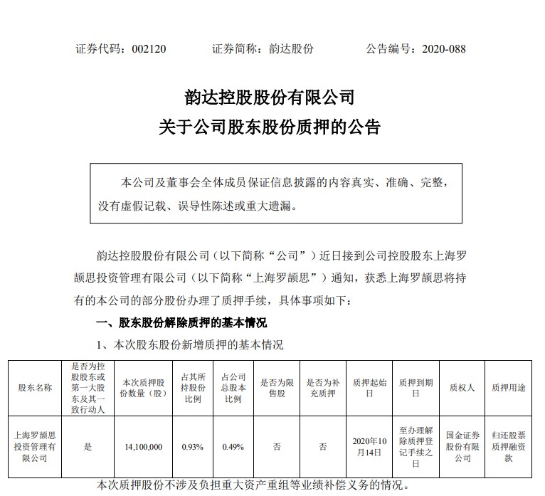 韵达股份：控股股东上海罗颉思质押1410万股_物流_电商之家