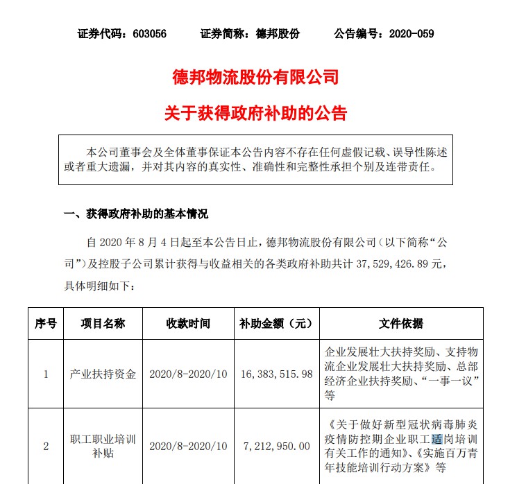 德邦股份：累计获得政府补助3752.94万元_物流_电商之家