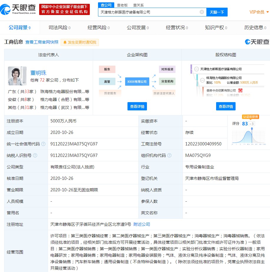 董明珠在天津成立新公司 持续试水医疗装备领域_人物_电商之家