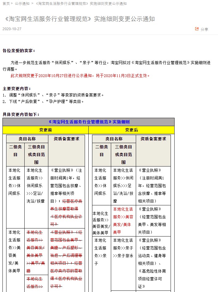 淘宝调整生活服务行业管理规范实施细则_零售_电商之家