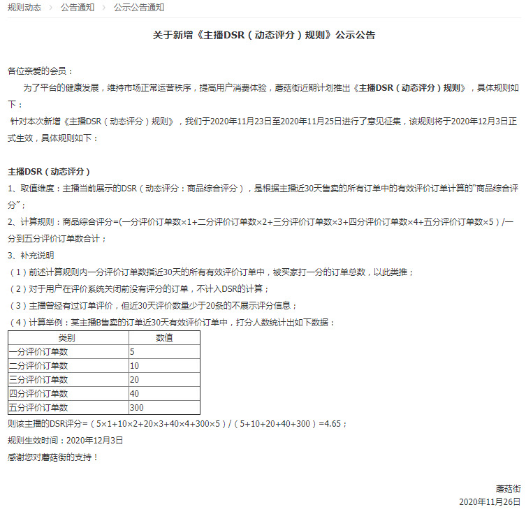 蘑菇街新增《主播DSR（动态评分）规则》_零售_电商之家