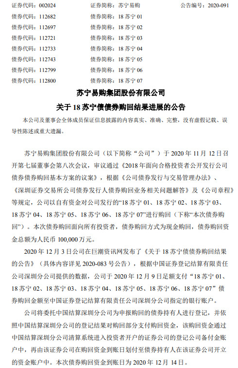 苏宁易购：以10亿元自有资金进行18苏宁债债券购回_零售_电商之家