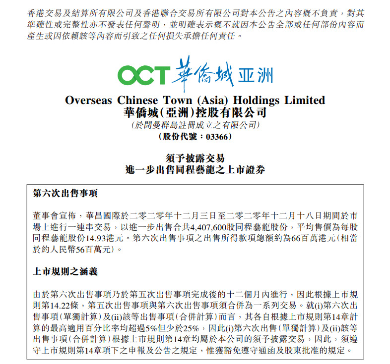 华侨城（亚洲）第六次抛售同程艺龙股份 累计套现超5.27亿港元_O2O_电商之家