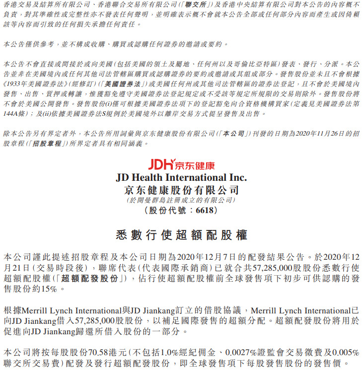 京东健康超额配股权获悉数行使 募资净额约39.82亿港元_零售_电商之家