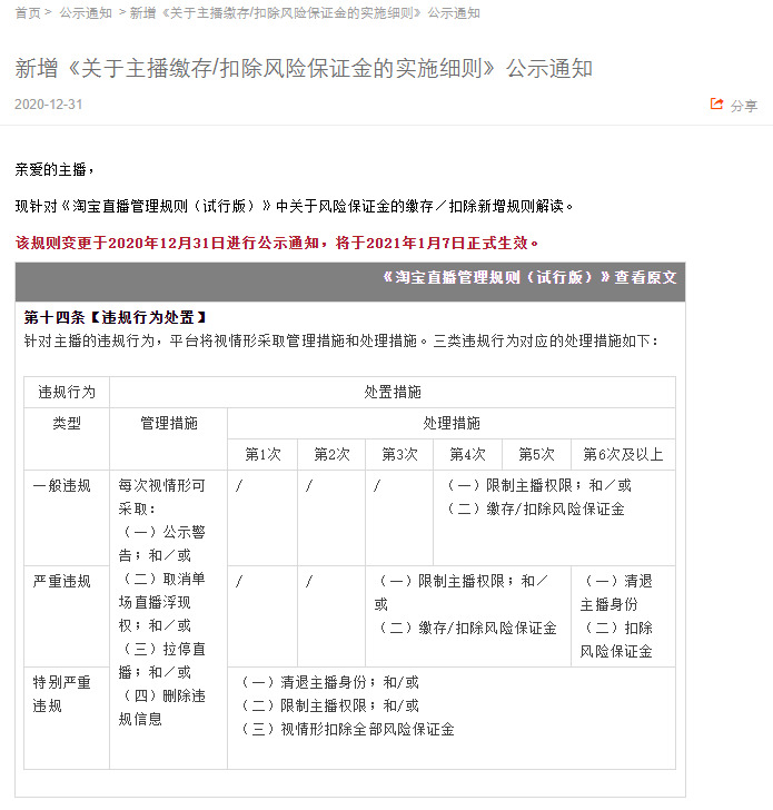 淘宝直播新增主播风险保证金相关规则_零售_电商之家