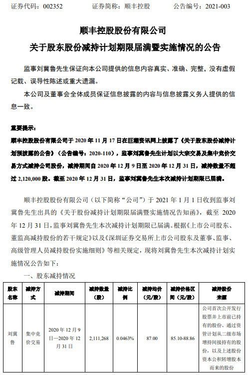 顺丰控股：监事刘冀鲁本次减持计划期限已届满_物流_电商之家