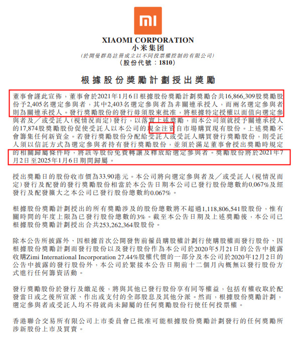 小米集团：已合共授出约2.53亿股奖励股份_零售_电商之家