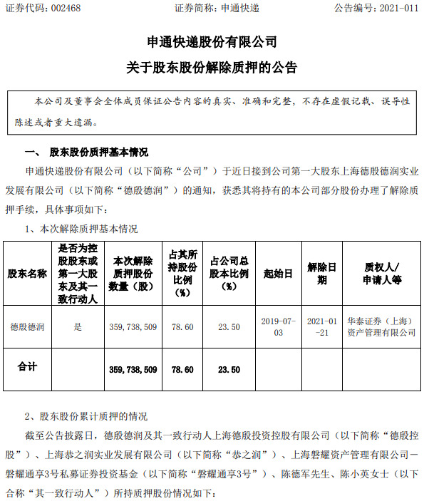 申通快递：大股东德殷德润解除质押约3.6亿股_物流_电商之家