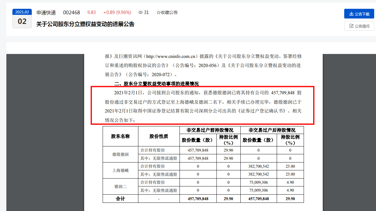 申通快递：德殷德润股权分立已完成_物流_电商之家